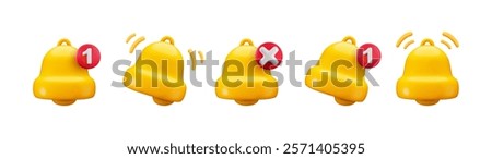 Vector cartoon 3d notification bell set. Cute realistic render of yellow ringing bell, red circle bubble with number, red cross sign. Incoming inbox message, unread mail reminder 3d icon collection.