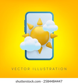 Vector cartoon 3d online weather app illustration. Cute minimal render of smartphone with sun and clouds on screen. Weather forecast app widget, extreme heat notice concept for web, app, game.