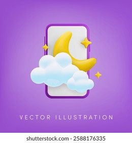 Vector cartoon 3d online weather app illustration. Cute minimal render of smartphone with moon and clouds on screen. Weather forecast app widget, night mode notice concept for web, app, game.