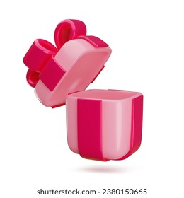 Vector cartoon 3d open gift box. Cute realistic holiday pastel pink present with red ribbon and bow. Minimal 3d render flying open surprise box illustration for Valentines day, Mothers Day, advert.