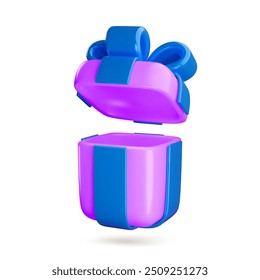 Caja de regalo abierta de la historieta 3D del Vector. Lindo regalo de lila realista de vacaciones con cinta azul y lazo. Minimal 3d render open empty surprise box illustration para la venta de San Valentín, Anuncio, cumpleaños, juego, App.