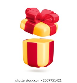 Vector cartoon 3d open gift box. Cute realistic holiday yellow present with red ribbon and bow. Minimal 3d render open empty surprise box illustration for loyalty banner, Christmas sale, game, app.