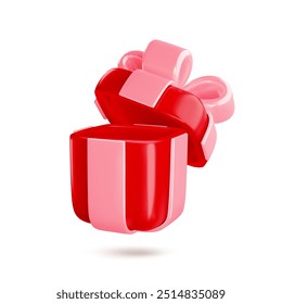 Vector cartoon 3d open gift box. Cute realistic holiday red present with pink ribbon and bow. Minimal 3d render open empty surprise box illustration for Valentines banner, Christmas sale, loyalty app.