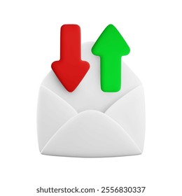 Vector cartoon 3d opened envelope with up green and red down arrows. Realistic 3d render electronic letter reply icon, email update, message sync sign, Forward mail symbol for social media, mail app.