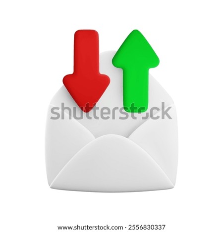 Vector cartoon 3d opened envelope with up green and red down arrows. Realistic 3d render electronic letter reply icon, email update, message sync sign, Forward mail symbol for social media, mail app.