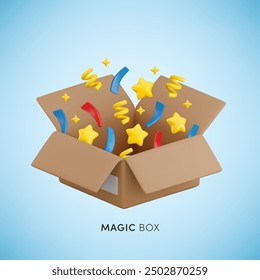 Vector cartoon 3d opened festive carton box magic banner. Cute realistic open package with stars, confetti explosion on blue background. 3d render surprise cardboard box for sale, coupon, congrats.