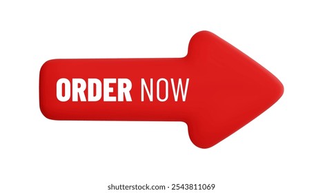 Vector cartoon 3d Order Now button. Realistic 3d render red arrow with advert text. Online shopping sign, E-commerce design element. Buy online tag. Cute sticker for web, app.