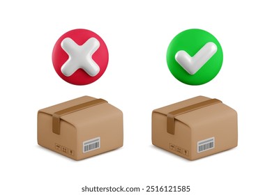 Vetor cartoon 3d parcel aprovado e cancelar conceito de entrega. Pacote de caixa de papelão realista bonito com marca de verificação verde e símbolo de erro X vermelho, bem sucedido e falhou ordem recebeu ícones definir.