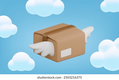 Caja de cartón de paquete 3D de dibujos animados de Vector con alas y nubes. Entrega rápida ilustración 3D realista, volando en caja de paquete de cielo azul, concepto de servicio de paquete de aire. Fondo de logística de carga exprés