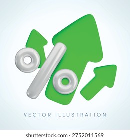Vector cartoon 3d percent increase concept. Cute realistic growth percentage sign with green arrows up. 3d render percentage growth icon for business chart, financial rate increase, loan rise cost.