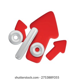 Vector cartoon 3d percent increase concept. Cute realistic growth percentage sign with red arrows up. 3d render percentage growth icon for business chart, financial rate increase, loan rise cost.