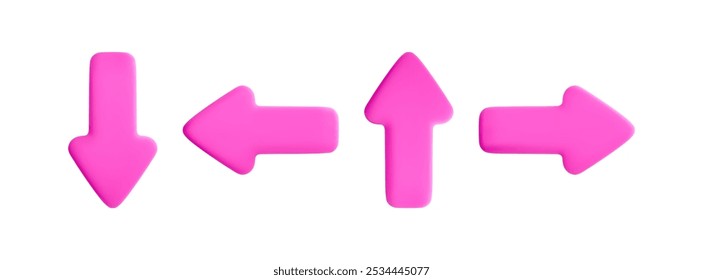 Vector cartoon 3d pink arrows set. Cute realistic up, down, left and right arrow icon isolated on white background. 3d render direction pointer, plastic click cursor button, for infographic, web, app.