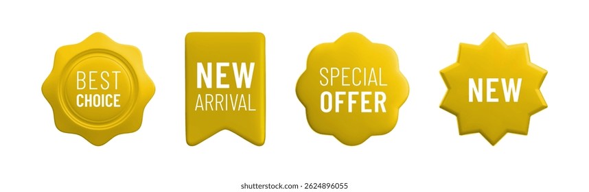 Vector cartoon 3d promo labels set. Special offer, Best Choice, New Arrival gold badges. Realistic 3d render sale stickers. Discount tags isolated on white background. Yellow shopping banner template.