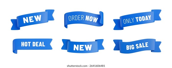 Vector cartoon 3d promo labels set. Hot Deal, Big Sale, Only Today, New Arrival, Order Now blue ribbon badges. Realistic 3d render sale stickers. Discount tags, shopping banner template for app, game.