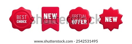 Vector cartoon 3d promo labels set. Special offer, Best Choice, New Arrival red badges. Realistic 3d render sale stickers. Discount tags isolated on white background. Shopping banner template.