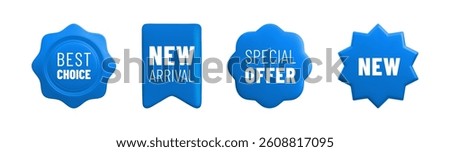 Vector cartoon 3d promo labels set. Special offer, Best Choice, New Arrival blue badges. Realistic 3d render sale stickers. Discount tags isolated on white background. Shopping banner template.