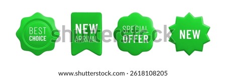 Vector cartoon 3d promo labels set. Special offer, Best Choice, New Arrival green badges. Realistic 3d render sale stickers. Discount tags isolated on white background. Shopping banner template.
