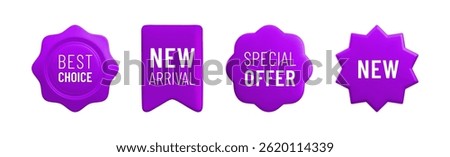 Vector cartoon 3d promo labels set. Special offer, Best Choice, New Arrival violet badges. Realistic 3d render sale stickers. Discount tags isolated on white background. Shopping banner template.