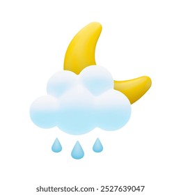 Vector de dibujos animados 3D rainy night icon. Lindo 3d render de media luna brillante detrás de la nube y gotas de lluvia aisladas en blanco. Estilo realista de la media luna nublada, buena ilustración de la noche para el App del Clima, juego.