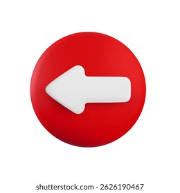 Vector cartoon 3d red arrow button. Cute realistic back direction white arrow sign on red circle. 3d render plastic navigation direction icon for infographic, web, business app, design.