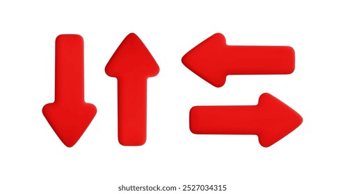 Vector cartoon 3d red arrows set. Cute realistic up, down, left and right arrow icon isolated on white background. 3d render direction pointer, plastic click cursor button, for infographic, web, app.