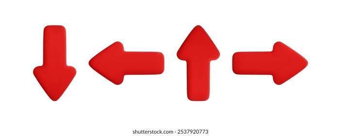 Vector cartoon 3d red arrows set. Cute realistic up, down, left, right arrow icon isolated on white background. 3d render direction pointer, plastic click cursor button, for infographic, app, design.