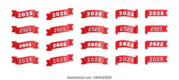 Vector cartoon 3d red folded ribbons set with numbers 2025, realistic 3d design elements for graduation design, yearbook, new year greeting card, Christmas design.