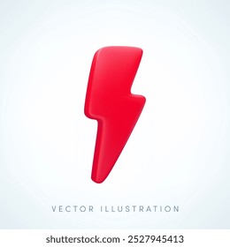 Vector cartoon 3d red lightning flash icon. Minimal 3d Render of thunder and bolt, thunderstorm sign, energy power symbol, electric charge or danger emblem. For flash sale design, game, weather app.