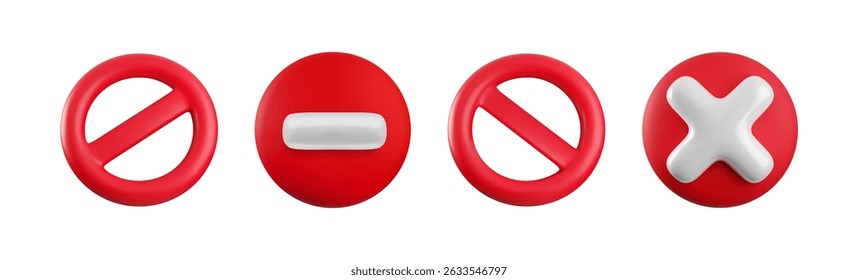 Vector Cartoon 3d Red prohibition sign set. Realistic 3d render of shiny round block icon with diagonal strip, white cross and road stop sign. Ban entry mark, no entry, forbidden symbol for game, app.