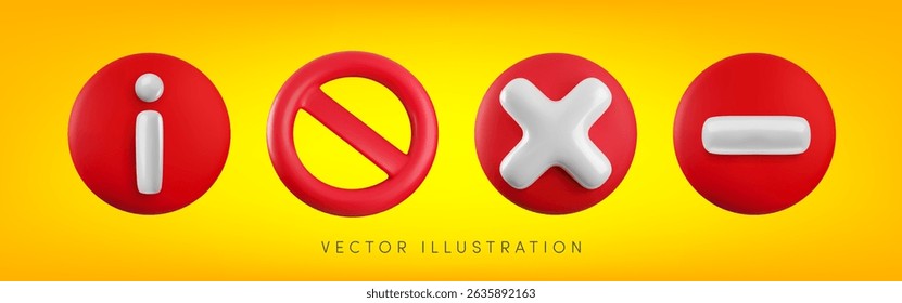 Vector Cartoon 3d Red prohibition information sign set. Realistic 3d render of shiny round block icon with diagonal strip, cross, info and road stop sign. Ban entry mark, forbidden symbol collection.