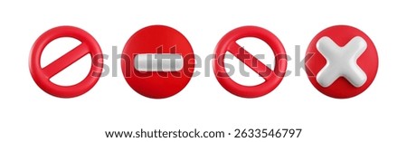 Vector Cartoon 3d Red prohibition sign set. Realistic 3d render of shiny round block icon with diagonal strip, white cross and road stop sign. Ban entry mark, no entry, forbidden symbol for game, app.