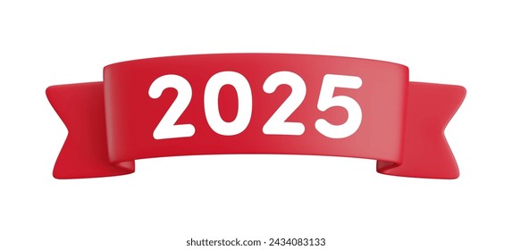 Vector cartoon 3d red ribbon with numbers 2025, realistic 3d design element for graduation design, yearbook, new year greeting.