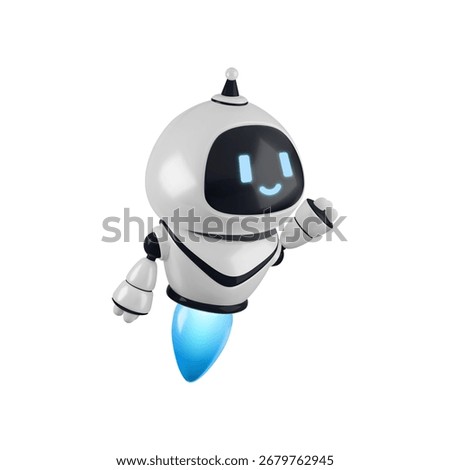 Vector cartoon 3d robot illustration. Realistic 3d render smiling flying robot character with flame. Artificial intelligence, chat bot innovation technology, futuristic science concept for web, app.