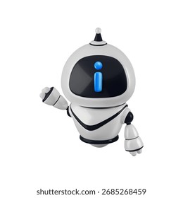 Vector cartoon 3d robot info illustration. Realistic 3d render robot character with blue help information sign on face screen. Artificial intelligence faq, AI support service icon, chat bot technology