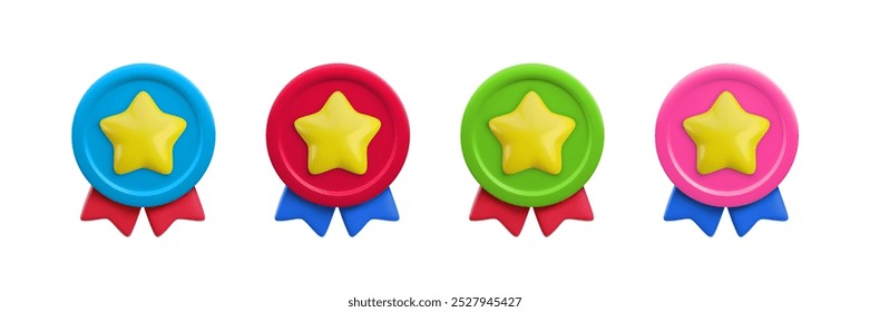 Vector cartoon 3d round color medal realistic icon set with gold star and ribbons. Trendy green, blue, red and pink round award, cute plastic badge sign. 3d render certificate badge illustration.