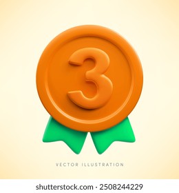 Vector cartoon 3d round medal realistic icon with number tree and green ribbons. Trendy bronze round award, cute third place badge sign. 3d render metallic certificate badge illustration.