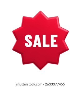 Vector cartoon 3d Sale badge. Red label starburst with text. Realistic 3d render online shop sticker. Cute design element for web, sale banner design, tag, advert, mobile app.