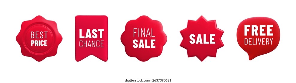 Vector cartoon 3d Sale badge set. Red label starburst, medal with text. Realistic 3d render online shop sticker collection. Cute design element for web, sale banner design, tag, advert, mobile app.