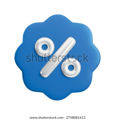 Vector cartoon 3d Sale badge. Blue wavy label with percent sign. Realistic 3d render online shop sticker. Cute design element for sale banner design, tag, advert, app, discount, special offer.