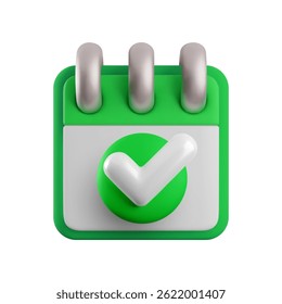 Vector cartoon 3d schedule calendar icon. Realistic render of spiral calendar with green checkmark tick. Time management planner, work planning, done day task concept for app, web, design