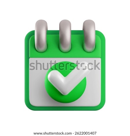 Vector cartoon 3d schedule calendar icon. Realistic render of spiral calendar with green checkmark tick. Time management planner, work planning, done day task concept for app, web, design