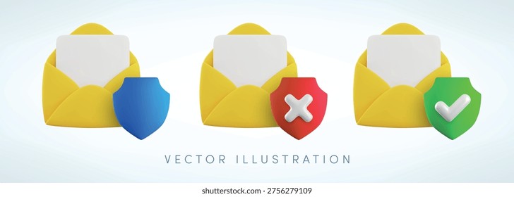 Vector cartoon 3d secure email icon set. 3d render open yellow envelope with blue, green, red shield. Electronic mail protection, cyber security, verified mail, protected message concept, anti spam.