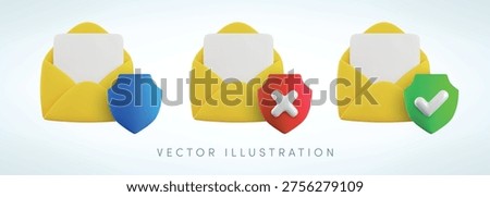 Vector cartoon 3d secure email icon set. 3d render open yellow envelope with blue, green, red shield. Electronic mail protection, cyber security, verified mail, protected message concept, anti spam.