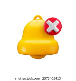 Vector cartoon 3d silent mode notification icon. Cute realistic render of yellow bell and x cross in red circle. Warning sign, sound turn off, crossed bell concept. Quiet reminder 3d icon for web, app