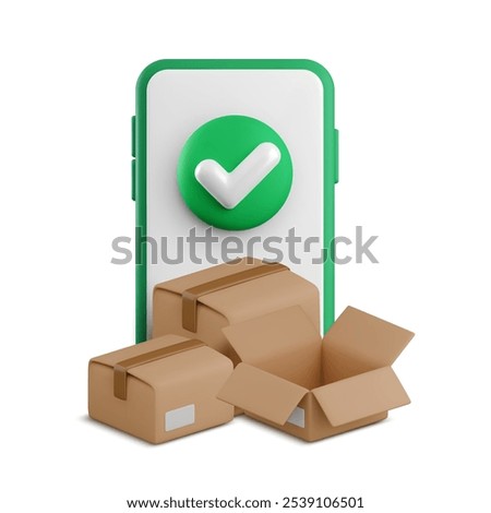 Vector cartoon 3d smartphone with green yes check mark button and cardboard boxes pile. Cute minimal realistic 3d render approved parcel delivery, safe logistics, successful order received concept.
