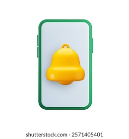 Vector cartoon 3d smartphone notification concept. Cute realistic render of gold bell on smartphone screen. Alert, new message symbol. Attention signal, reminder 3d icon for social media, app, web.