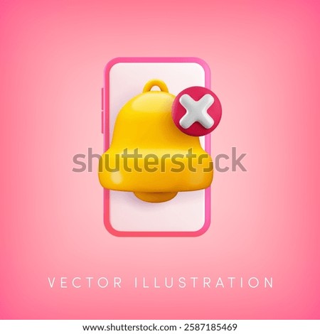 Vector cartoon 3d smartphone silent mode notification banner. Cute realistic render of yellow bell and x cross in red circle on mobile phone screen. Sound turn off, quiet reminder 3d illustration.