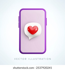 Vector cartoon 3d smartphone and speech bubble with heart on screen. Love message chat notification. Cute realistic like button in social media 3d render. Favorites symbol, digital valentine concept.