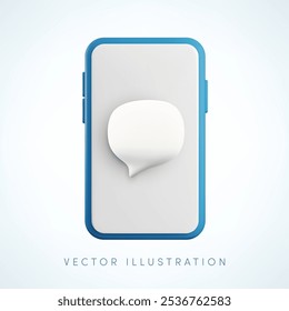 Smartphone 3D de dibujos animados de Vector con pantalla blanca y burbuja de discurso vacía. Lindo mini realista teléfono móvil 3d render. Notificación de mensaje Nuevo, signo de chat de redes sociales, concepto de diálogo en línea.