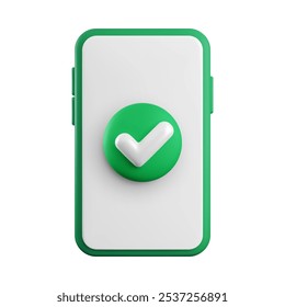 Vetor cartoon 3d smartphone com tela branca e verde sim botão de marca de seleção. Sinal de confirmação de renderização 3d de telefone celular realista bonito, conceito de tarefa aprovada ou feita, símbolo de operação concluída